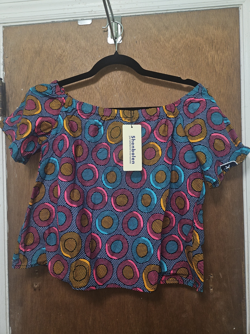Off-Shoulder Women’s Top in Pink, Blue & Yellow Circle Print